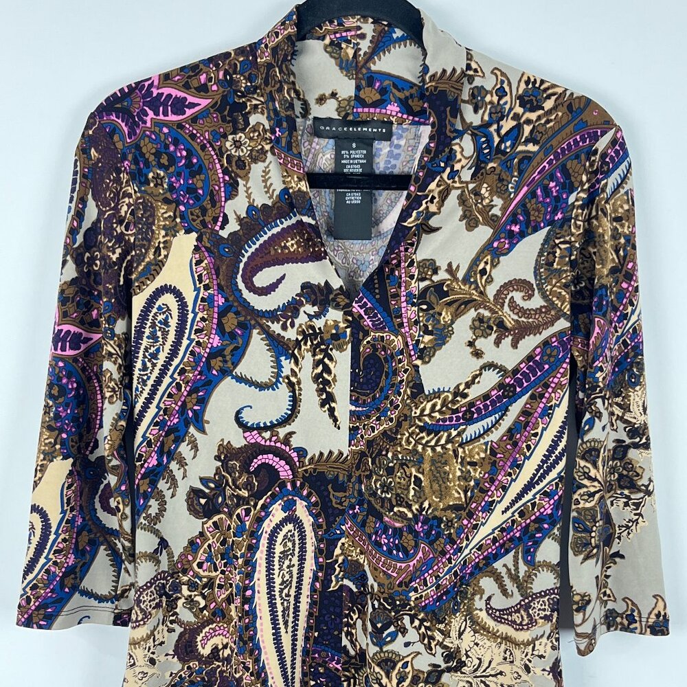 Grace Elements Top Blouse Size S Multicolor 3/4 Sleeve Paisley Polyester Spandex